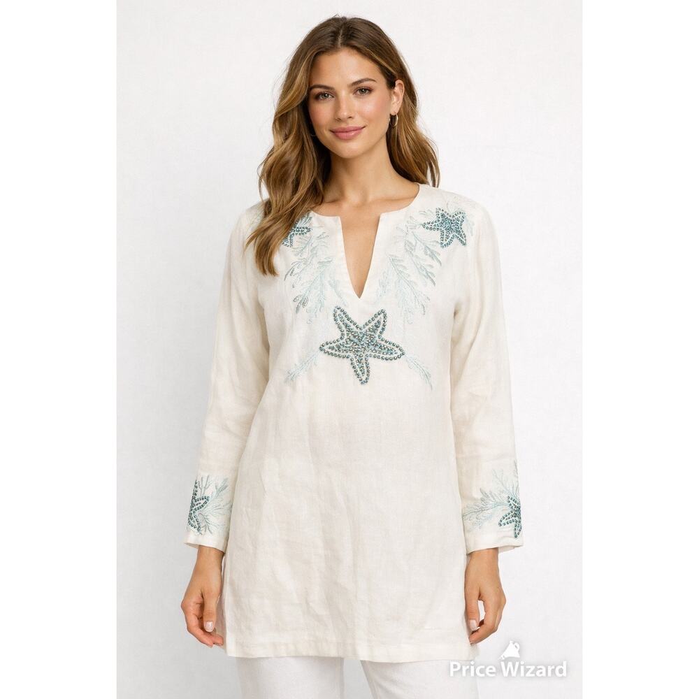 Barbara Gerwit Linen Tunic Starfish Embroidered Beach Cover Up White Women's Med